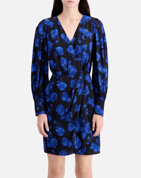 Robe portefeuille 100% Soie courte imprimée noir/bleu