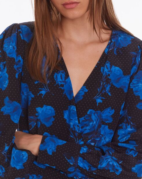 Robe portefeuille 100% Soie courte imprimée noir/bleu