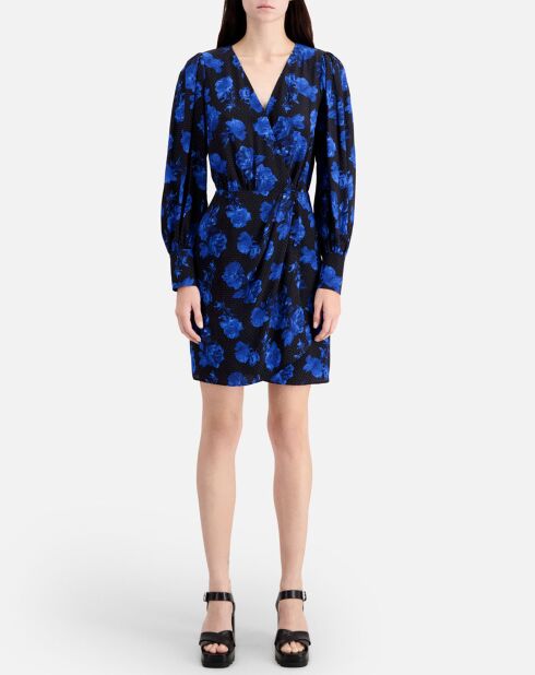 Robe portefeuille 100% Soie courte imprimée noir/bleu