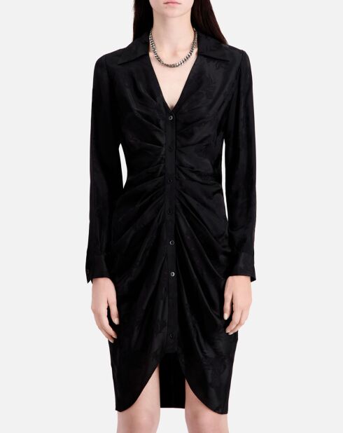 Robe mi-longue à fleurs avec fronces noire