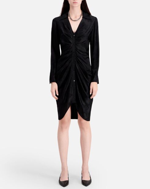 Robe mi-longue à fleurs avec fronces noire