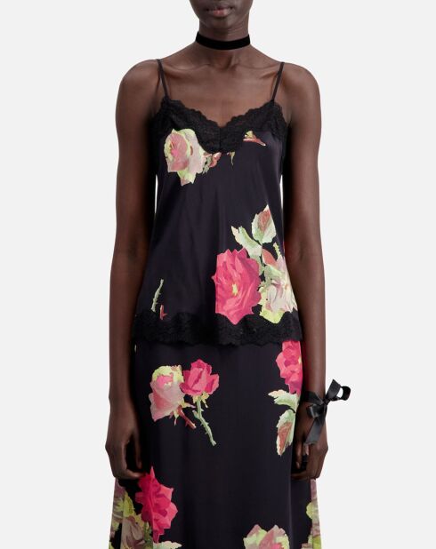 Caraco imprimé 100% Soie avec dentelle noir