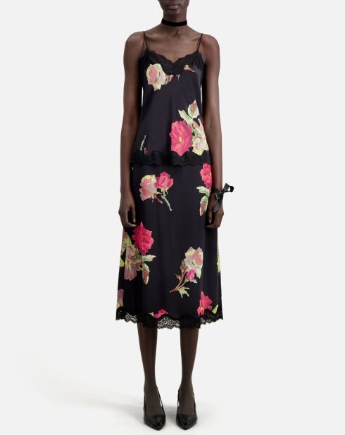 Caraco imprimé 100% Soie avec dentelle noir