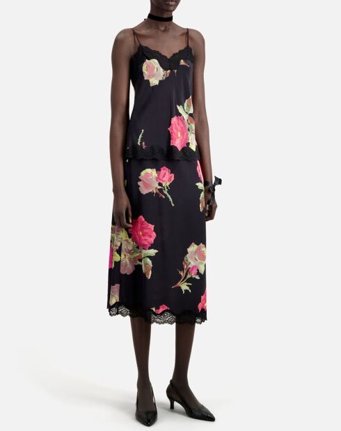 Caraco imprimé 100% Soie avec dentelle noir