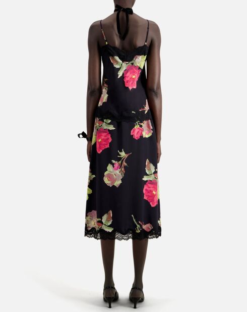 Caraco imprimé 100% Soie avec dentelle noir