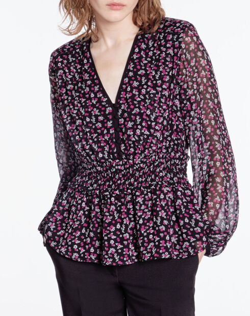 Top imprimé à smocks noir