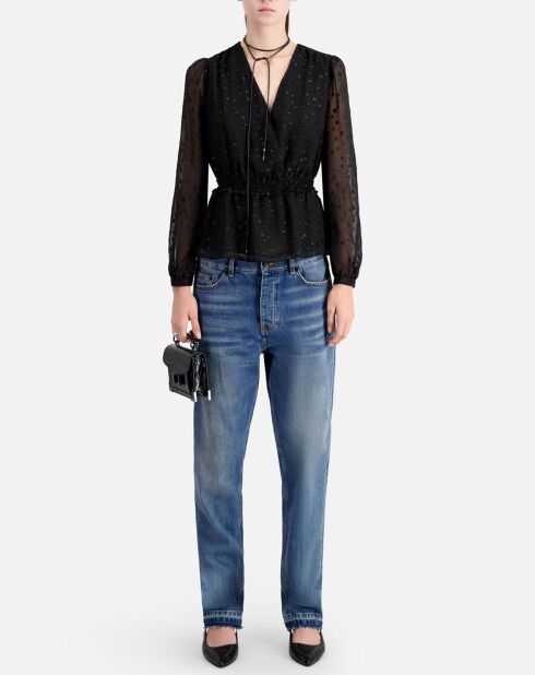 Top à pois en fil argenté noir