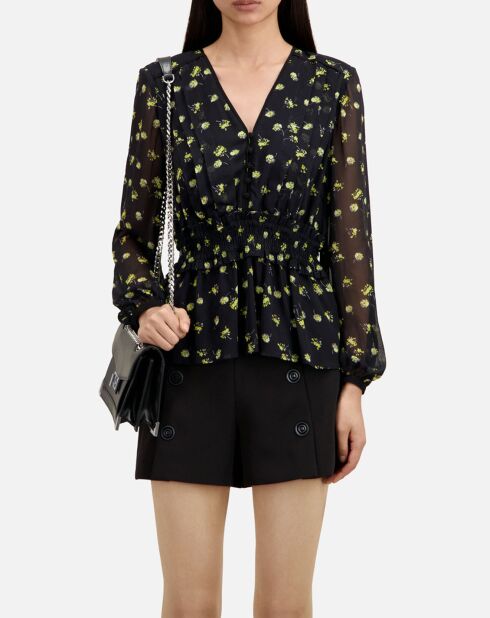 Top imprimé à smocks noir