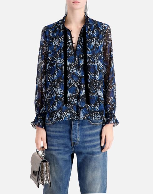 Haut imprimé avec plis bleu