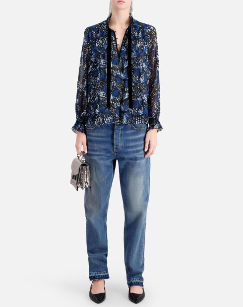 Haut imprimé avec plis bleu