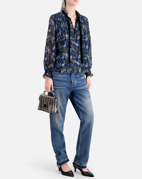 Haut imprimé avec plis bleu