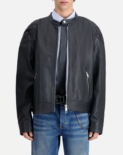 Blouson en Cuir avec détails matelassés noir