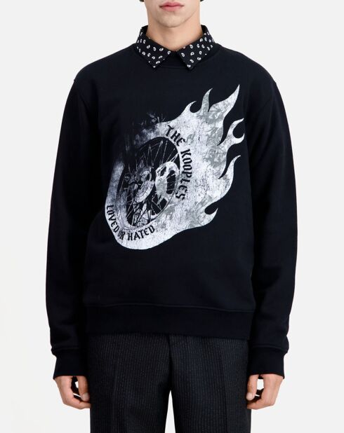 Sweat avec sérigraphie Flaming wheel noir