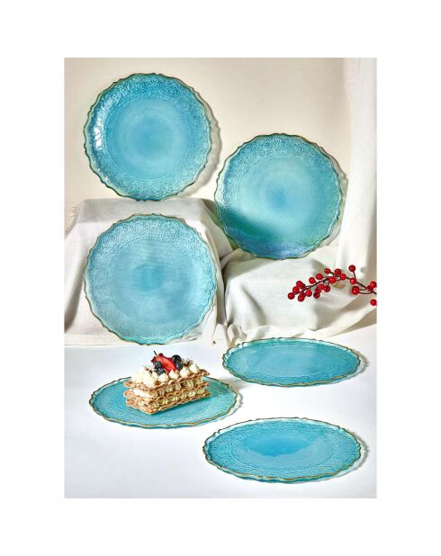6 Assiettes à dessert turquoises - D.21 cm