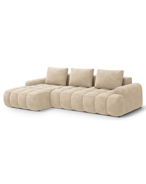Canapé d'angle gauche en Velours convertible avec coffre Linz 3 places beige clair - 275x142x84 cm