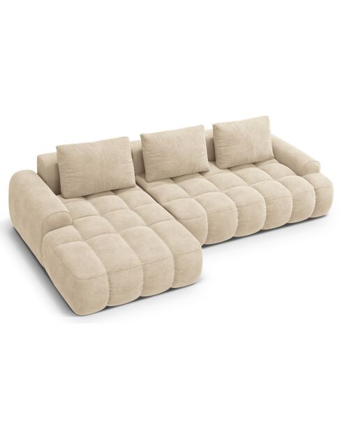 Canapé d'angle gauche en Velours convertible avec coffre Linz 3 places beige clair - 275x142x84 cm