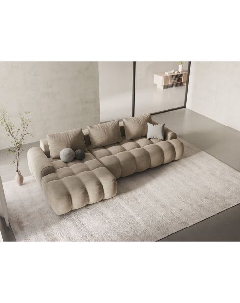 Canapé d'angle gauche en Velours convertible avec coffre Linz 3 places beige clair - 275x142x84 cm