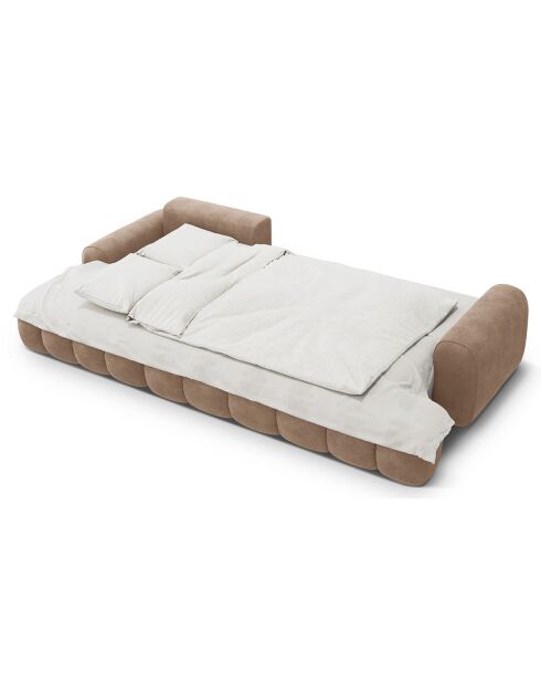 Canapé d'angle gauche en Velours convertible avec coffre Linz 3 places beige foncé - 275x142x84 cm