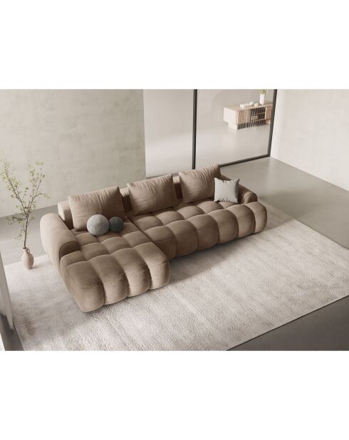 Canapé d'angle gauche en Velours convertible avec coffre Linz 3 places beige foncé - 275x142x84 cm