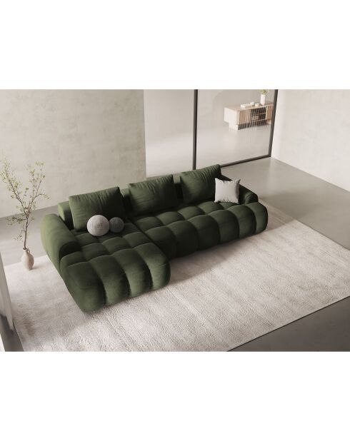 Canapé d'angle gauche en Velours convertible avec coffre Linz 3 places vert - 275x142x84 cm