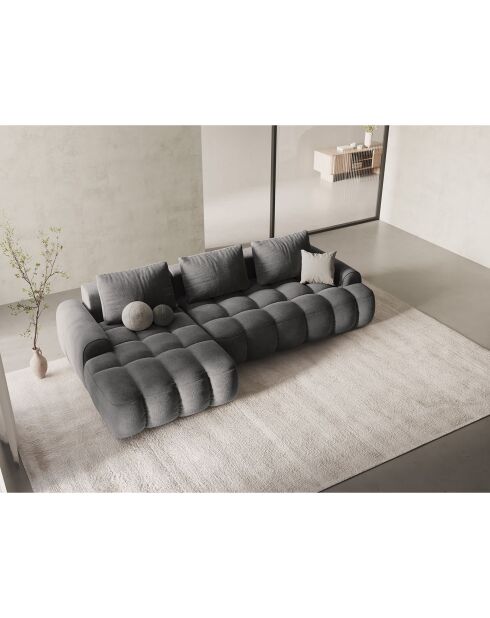 Canapé d'angle gauche en Velours convertible avec coffre Linz 3 places gris - 275x142x84 cm
