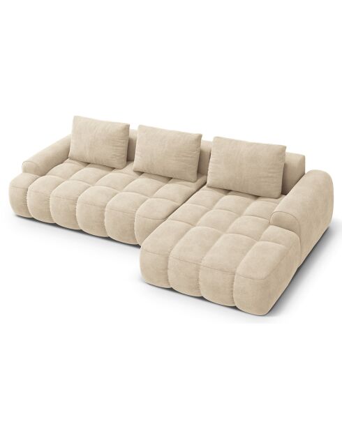 Canapé d'angle droit en Velours convertible avec coffre Linz 3 places beige clair - 275x142x84 cm