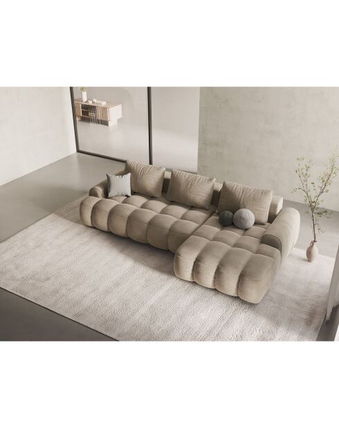 Canapé d'angle droit en Velours convertible avec coffre Linz 3 places beige clair - 275x142x84 cm