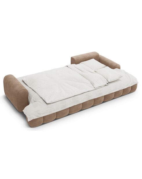 Canapé d'angle droit en Velours convertible avec coffre Linz 3 places beige foncé - 275x142x84 cm
