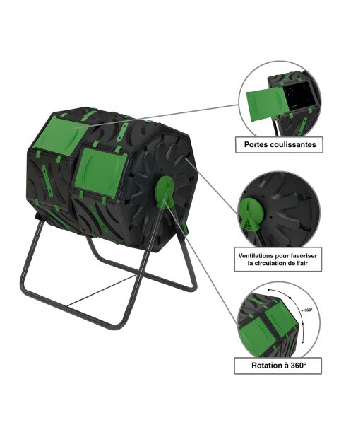 Compostiera rotante a doppio scomparto nero/verde da 140 litri