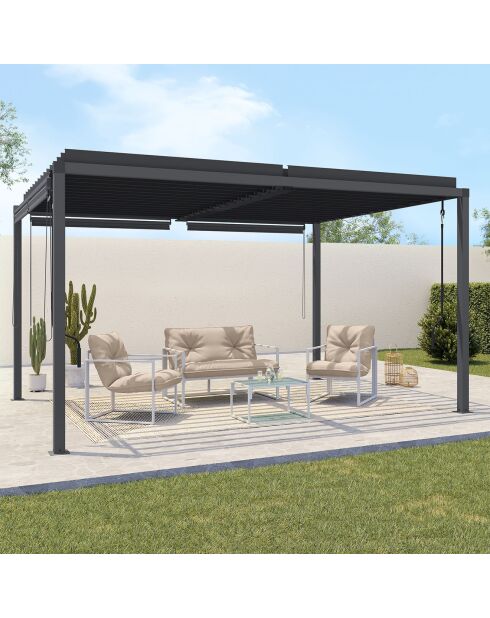Pergola bioclimatique en acier polycarbonate 3x4m avec stores gris anthracite