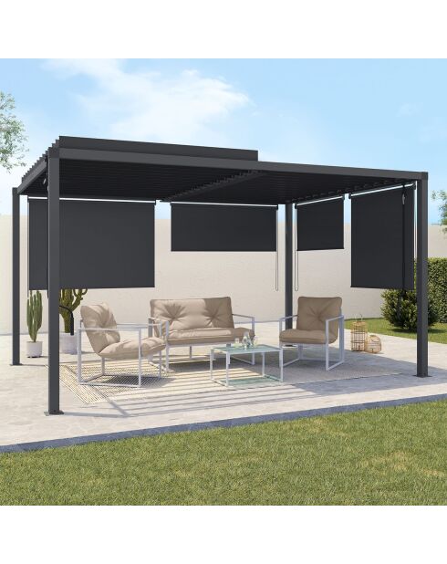 Pergola bioclimatique en acier polycarbonate 3x4m avec stores gris anthracite