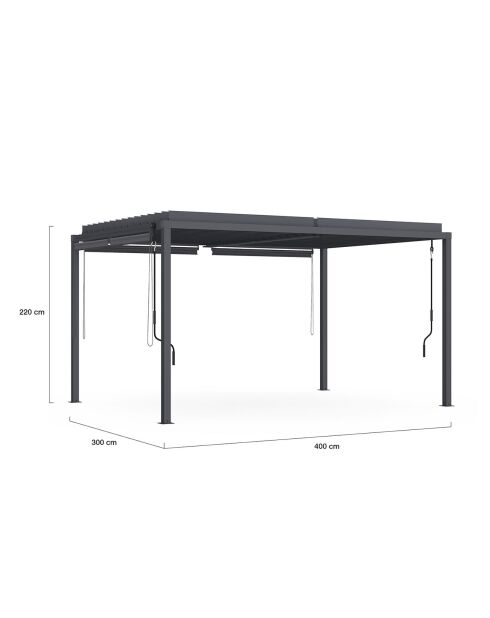 Pergola bioclimatique en acier polycarbonate 3x4m avec stores gris anthracite