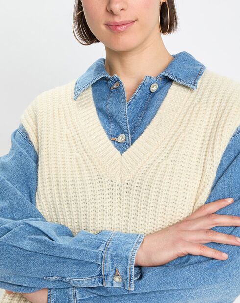 Pull en Coton, Laine & Alpaga mélangés sans manches écru
