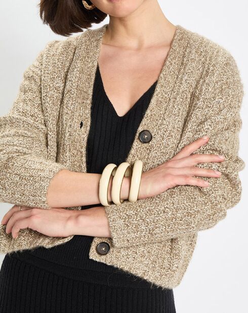 Gilet en Coton, Laine & Alpaga mélangés grosse maille chiné marron