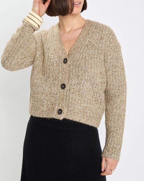 Gilet en Coton, Laine & Alpaga mélangés grosse maille chiné marron