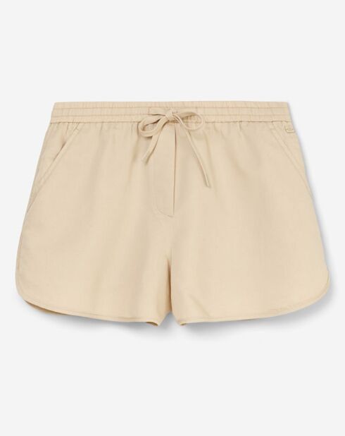 Pantalones cortos de boxeo beige con cintura elástica de algodón y lino