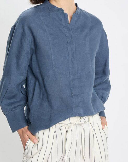 Chemise 100% Lin sans manches Col bleu moyen