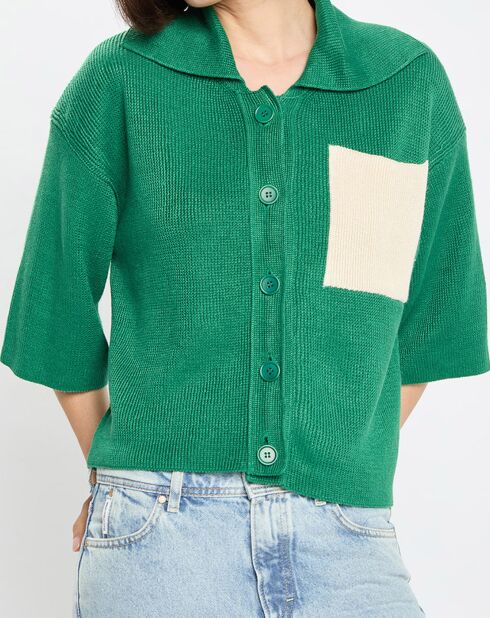 Gilet 100% Lin Maille Poche Bicol Kl vert