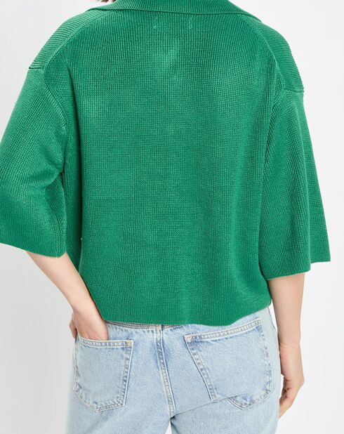 Gilet 100% Lin Maille Poche Bicol Kl vert