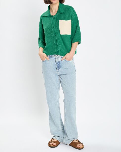 Gilet 100% Lin Maille Poche Bicol Kl vert