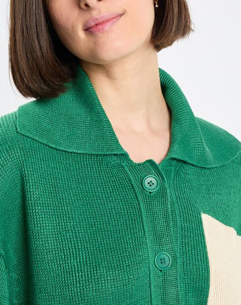 Gilet 100% Lin Maille Poche Bicol Kl vert