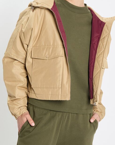 Blouson court à capuche poches zip beige
