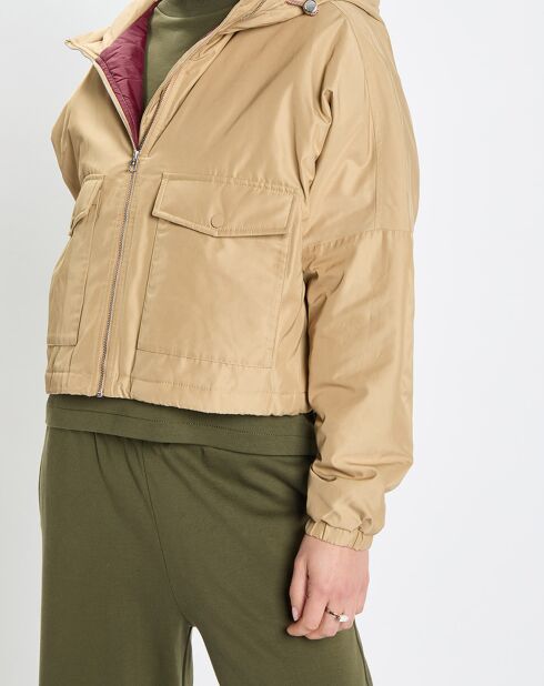 Blouson court à capuche poches zip beige
