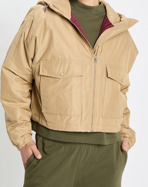 Blouson court à capuche poches zip beige