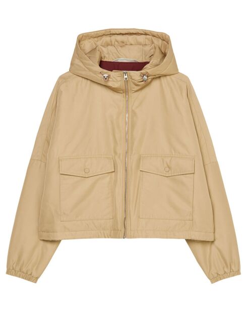 Blouson court à capuche poches zip beige