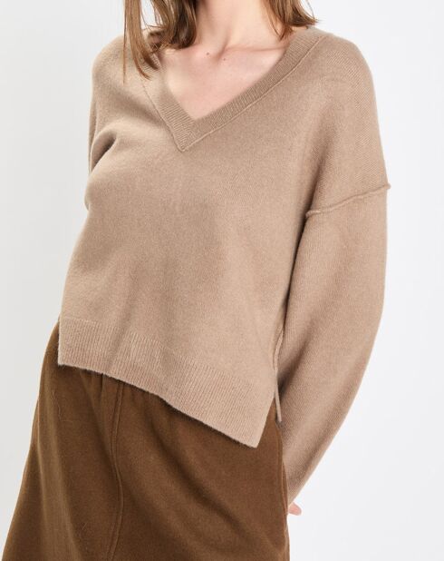 Pull en Laine mélangée col V marron clair