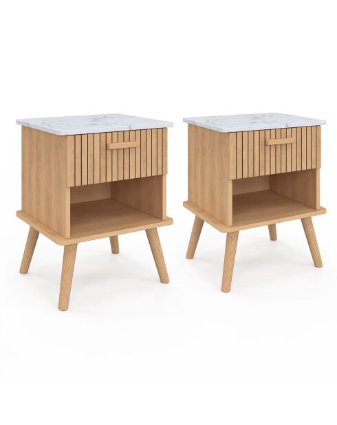 2 Tables de chevet Marceau effet lattes bois/effet marbre blanc - 40x34x50 cm