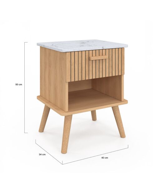 2 Tables de chevet Marceau effet lattes bois/effet marbre blanc - 40x34x50 cm