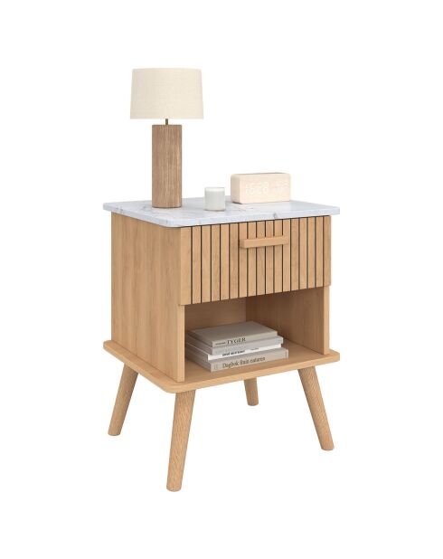 2 Tables de chevet Marceau effet lattes bois/effet marbre blanc - 40x34x50 cm