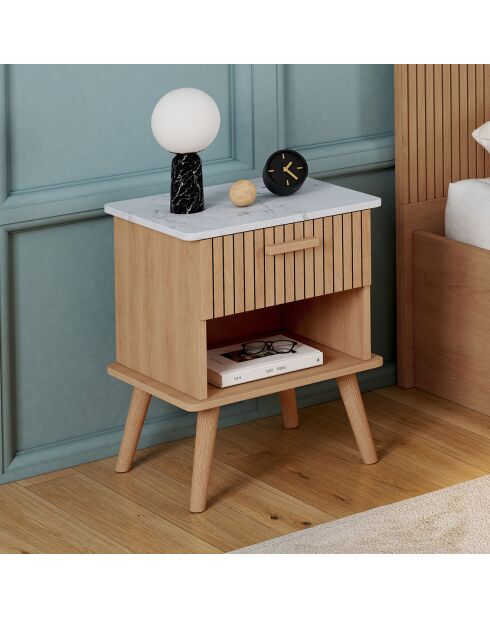 2 Tables de chevet Marceau effet lattes bois/effet marbre blanc - 40x34x50 cm